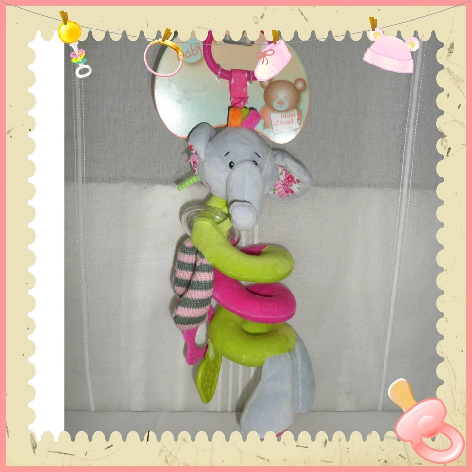 ☺ - Spirale d'Activités Eveil Dentition Grelot Eléphant Rose Gris  Baby Nat  - Photo 1/1