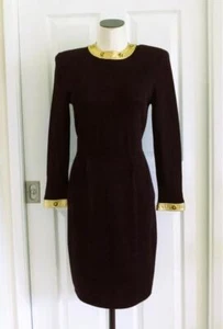 ST JOHN Marie Gray Black Santana Knit Gold Leather+SJ Trim Dress 8 S M? EUC Vtg? - Picture 1 of 15