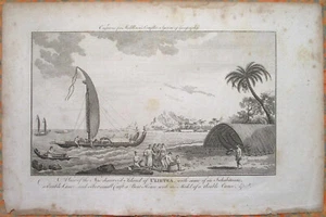 GRABADO 1778 Capitán Cook ~ Isla de Ulietea, con canoa ~ Raiatea, TAHITI - Imagen 1 de 3