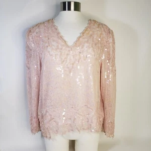 Vintage Scala Silk Sequin Top Blush Pink Long Sleeve Cocktail Party Petite S - Picture 1 of 12