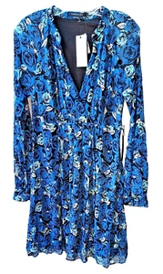 NWT BCBG MAXAZRIA WRAP Dress long sleeve Blu Blk Wht Floral  Pleats Lined Sz L - Picture 1 of 7