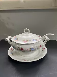 Vintage Karolina Made In Poland Floral Porcelain Soup Tureen With Lid & Ladle Ma - Picture 1 of 10