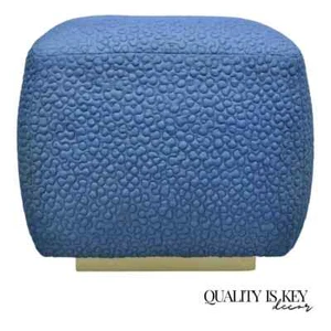Vintage Mid Century Modern Square Pouf Ottoman Blue Stitched Fabric on Casters - Picture 1 of 9