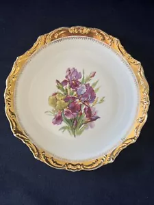 Vintage 12 In. Floral Iris Bouquet Decorative Plate~Scalloped Edge W/Gold Trim - Picture 1 of 2