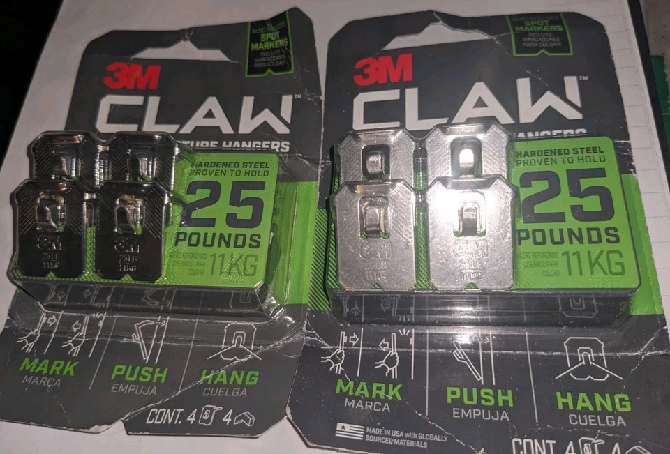 3M 3ph25m-4es Claw Drywall Picture Hanger Holds 25 Lbs 4 Hooks and 4 Spot