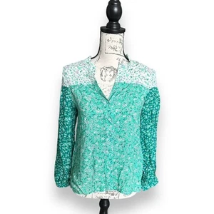New Zara Women's Green White Floral Print Button Down V-Neck Long Sleeve Top XS - Picture 1 of 7