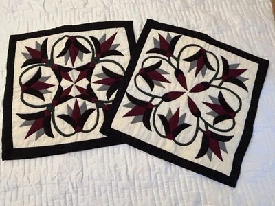 Pair Pillow Covers Hand Quilted 2 Lotus Flower Appliqué Khayameya 17x17” Zip - Image 1 of 4