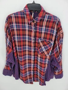 Free People Top Womens XS Colorful Mixed Plaid Oversized Button Up Boho Contrast - Picture 1 of 9