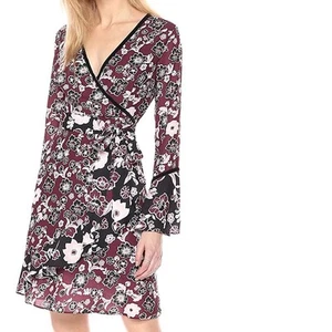 NWT Ella Moon Lena Ruffled Sleeve V- Neck Wrap Dress Women's Medium Maroon,Black - Picture 1 of 16