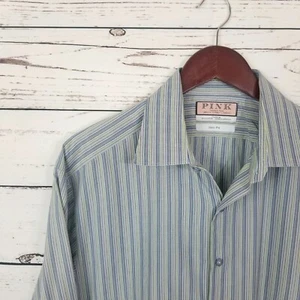 Thomas pink Men's Button Front slim Fit Shirt Blue w/Green Striped Sz 17. 5 - Picture 1 of 5