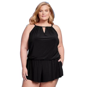 Aqua Green Plus Size Women's High Neck Swim Romper with Pockets Black 17 - Picture 1 of 14