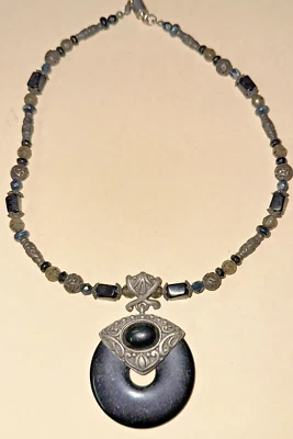 Onyx Bead Pendant Necklace W/ Silver Accents Misc Stones Gothic Grunge Dark Vibe - Image 1 of 4