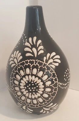 Decorative Handcrafted 3D Dot Ceramic Black Vase White Blue Flower Blossoms - Image 1 of 4