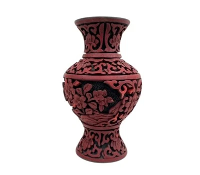 "Florero cinabrio tallado chino vintage de 4"" rojo negro con esmalte azul de colección" Foto 1 de 4