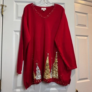 Quacker Factory Womens Holiday Sweater Pullover V-Neck Sequin Trees Red Size 3X - Picture 1 of 13