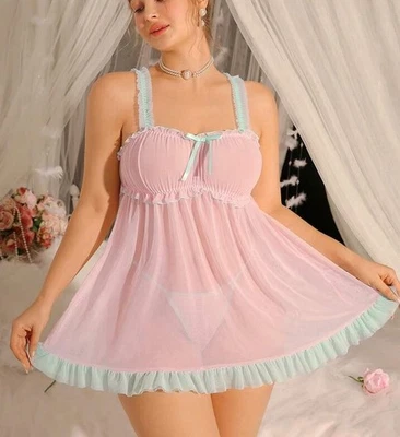 Conjunto de lencería Babydoll de malla y encaje rosa transparente giratorio PLUS 4XL NUEVO Foto 1 de 4