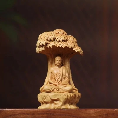 BY234A - 14 厘米高方木雕刻雕像 - Ru Lai 树下佛 — 第 1/4 张图片