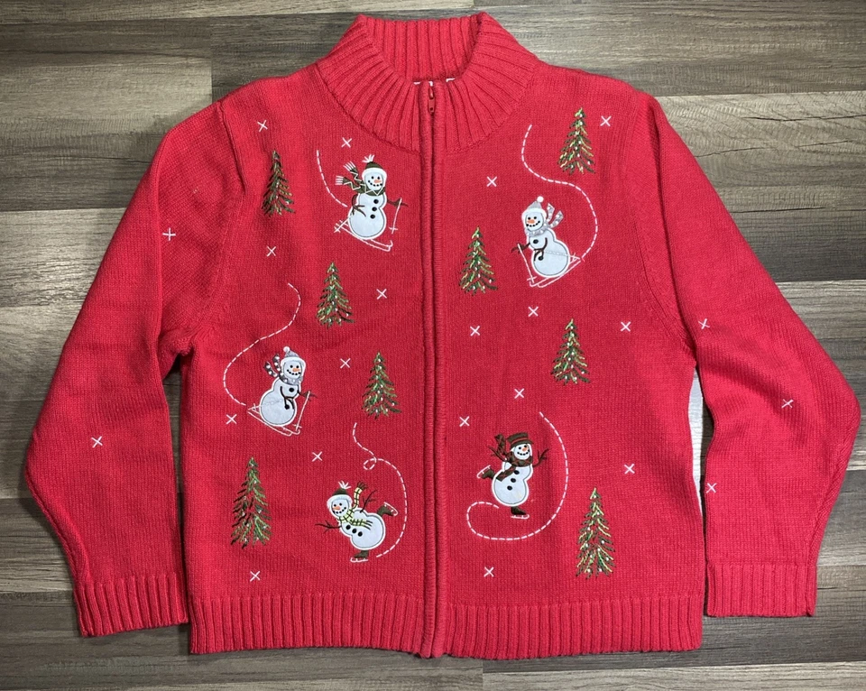 Embroidered Holiday Skiing Snowman Cardigan Sweater Christmas Red Sz XL Festive - Image 1 of 4