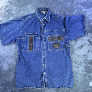 Vintage Paco Sports Shirt Mens Extra Large Blue Denim Short Sleeve Studded 90s - Picture 1 of 12