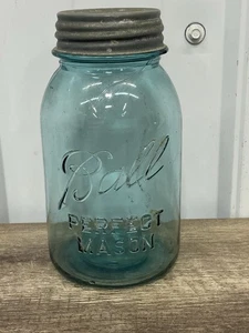 Vintage Ball Blue Aqua Glass Perfect Mason 7" Tall #7 Jar Canning Quart 32 oz. - Foto 1 di 12