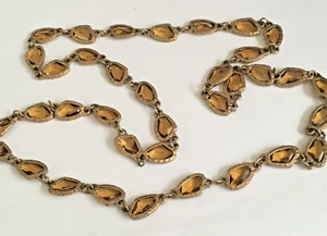 VINTAGE GOLD TONE AMBER TONE GLASS BEAD NECKLACE 32" OVERHEAD STYLE - Picture 1 of 2