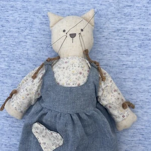 Precious Primitive Tea Stained Denim Dress Calico Cat Kitten Kitty Doll ❤️blt11j - Picture 1 of 11