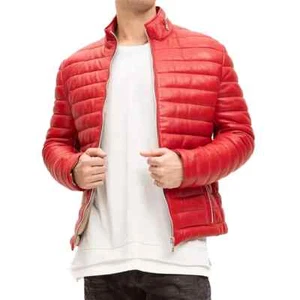 Mens Red Genuine Leather Lambskin Padded Quilted Leather Down Puffer Jacket - Picture 1 of 8