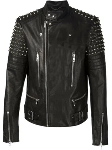 New Men's Black Silver Studded Zippered Button Cowhide Biker Leather Jacket-318 - Picture 1 of 4