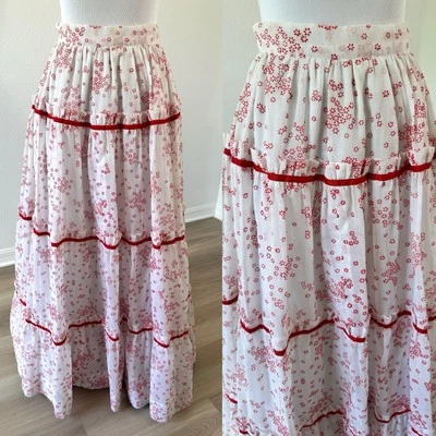 Vintage 1960s 60s White Red Flocked Floral Semi Sheer Maxi Skirt Small S Cottage - Photo 1/4