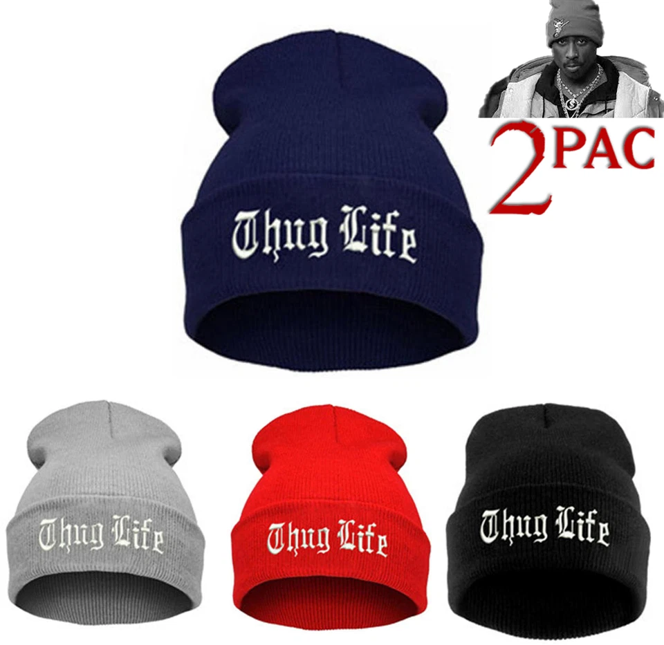 Gorro Thug Life tejido negro gorra bordada con puños 2 paquetes compilación de video Foto 1 de 4