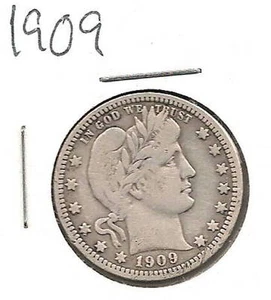 1909 Barber Quarter : Very Fine + - Picture 1 of 2