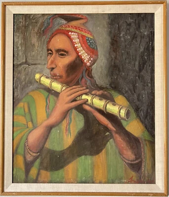 FINE ANTIQUE PORTRAIT OIL PAINTING OLD MODERN FLUTE MUSICIAN MUSIC TRIBAL MAN - Image 1 of 4