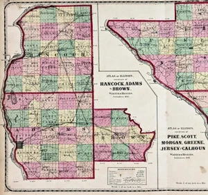 1870 ILLINOIS County Map PIKE SCOTT HANCOCK ADAMS MORGAN CALHOUN JERSEY ADAMS - Picture 1 of 4