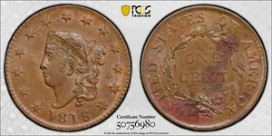 1818 Large Cent, Coronet Head, Neat Obverse Die Cracks PCGS MS62 BN ~ Newcome 10 - Picture 1 of 7