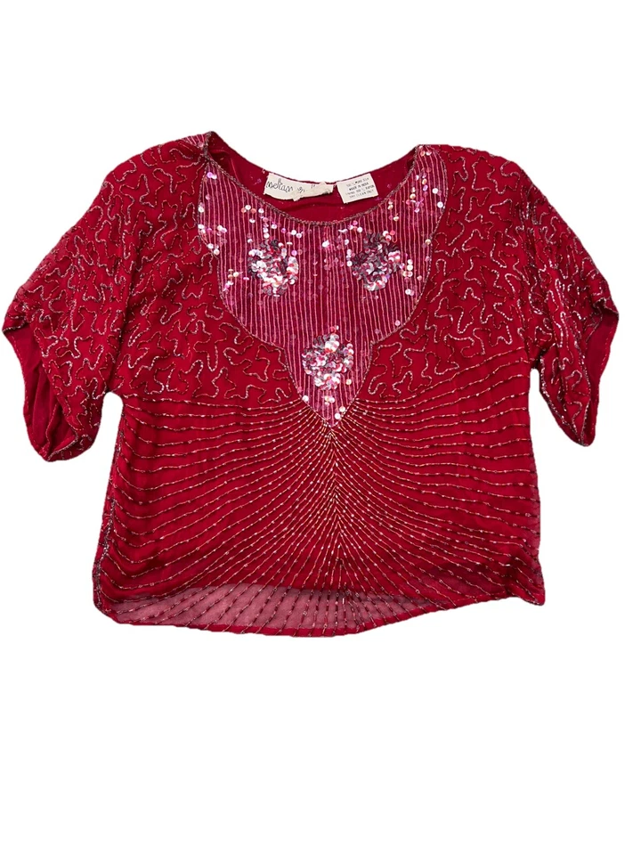 Top Vintage Metamorphosis Lentejuelas Rojo 100% Seda Talla Grande Verdadero Vintage Años 80’s Foto 1 de 4