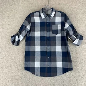 NWT Arizona Button Up Shirt Youth Boys Large Black Multi Plaid Roll Tab Sleeve - Picture 1 of 7