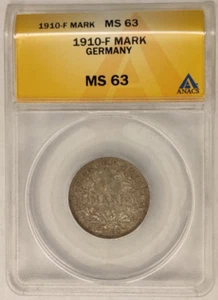 1910 F Germany One Mark ANACS MS63 UNCIRCULATED Coin Rare Silver German Coin 3B - Picture 1 of 4