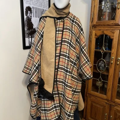 Poncho capa reversível vintage britânico xadrez mistura de lã  - Imagem 1 de 4