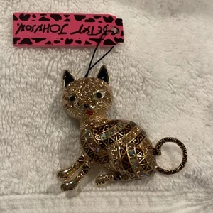 Ciondolo Betsey Johnson tono oro MARRONE cristallo Bling gatto spilla spilla gattino ciondolo - Foto 1 di 7
