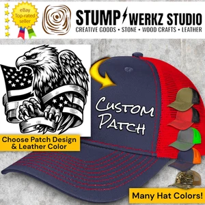 Custom Hat Trucker Baseball Cap Richardson Leather Patch USA Flag Bald Eagle - Picture 1 of 21
