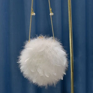 Lady Cute Fluffy Ostrich Feather Handbag Circular Bag Purse Clutch Party Evening - Picture 1 of 17