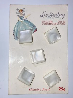 VTG Luckyday Square Pearl Buttons Faceted Edge Metal Shank 9/16" 5 NEW on Card - Image 1 of 3