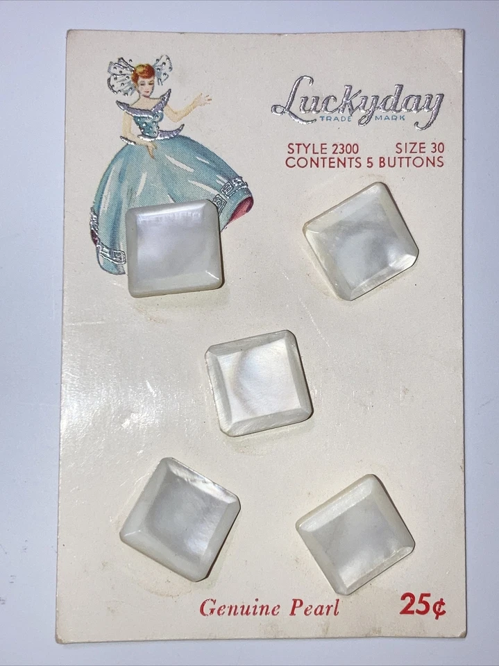 VTG Luckyday Square Pearl Buttons Faceted Edge Metal Shank 9/16" 5 NEW on Card - Image 1 of 3
