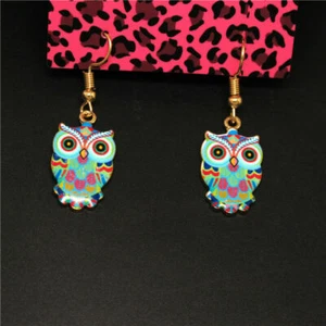 Adorable New Gold Multi-Color Enamel Owl Charm Hook Dangle Drop Earrings II - Picture 1 of 3