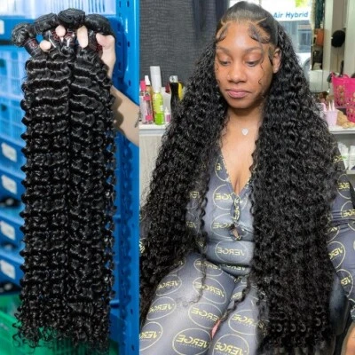 Deep Wave Virgin  Human Hair Extensions Curly Bundles Double Weft Bulk Braiding - Image 1 of 4
