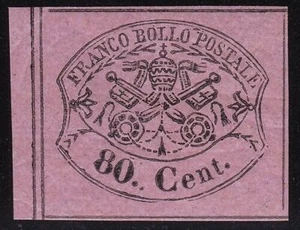 1867 Papal State, No. 20 80 Cent. lilac pink MLH/* LEAF MARGIN - Picture 1 of 1
