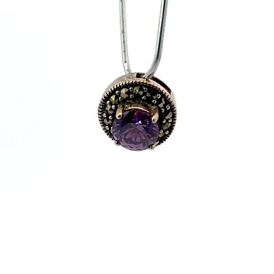 Pendente In Argento Sterling Con Cerchio Halo E Ametista Naturale E Marcasite - Immagine 1 di 4