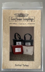 Sunflower Samplings Sewing Pattern,  "Initial Totes",  28-count Letters w/floral - Picture 1 of 3