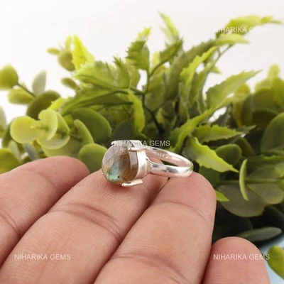 Anillo de compromiso solitario de plata de ley 925 natural labradorita joyería de moda Foto 1 de 4