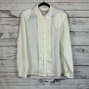 Vintage Koret Damenbluse elfenbeinfarben Satin Knopfleiste Ösen Rüschen vorne Cottagecore 18 - Bild 1 von 7